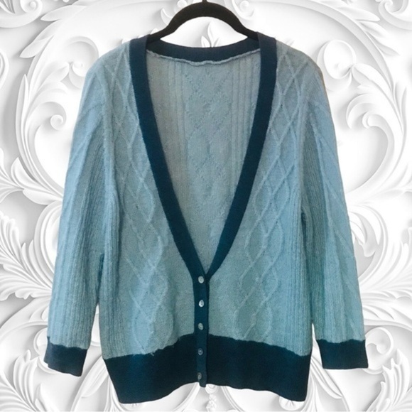 None Sweaters - Vintage Mohair/Wool Cardigan With ¾ Length Sleeves In Contrasting Blues